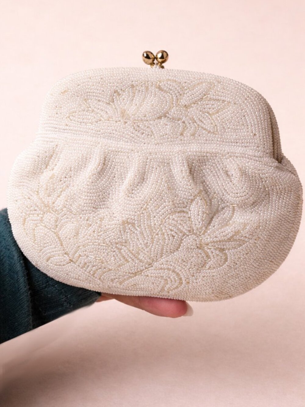 Vintage Japan Beaded Clutch Ivory Floral Evening Bag Kiss Lock Bridal Heirloom